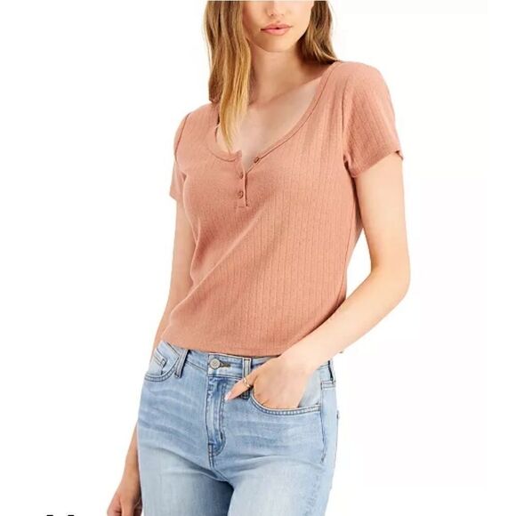 Hippie Rose Juniors Pointelle Henley T-Shirt,Black,X-Large - Picture 1 of 5